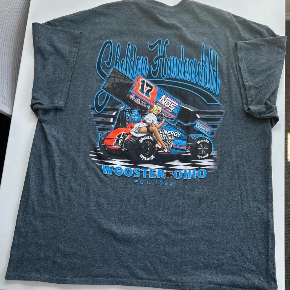 Gildan Graphic Tee - Dark Gray with Blue and Red Accents